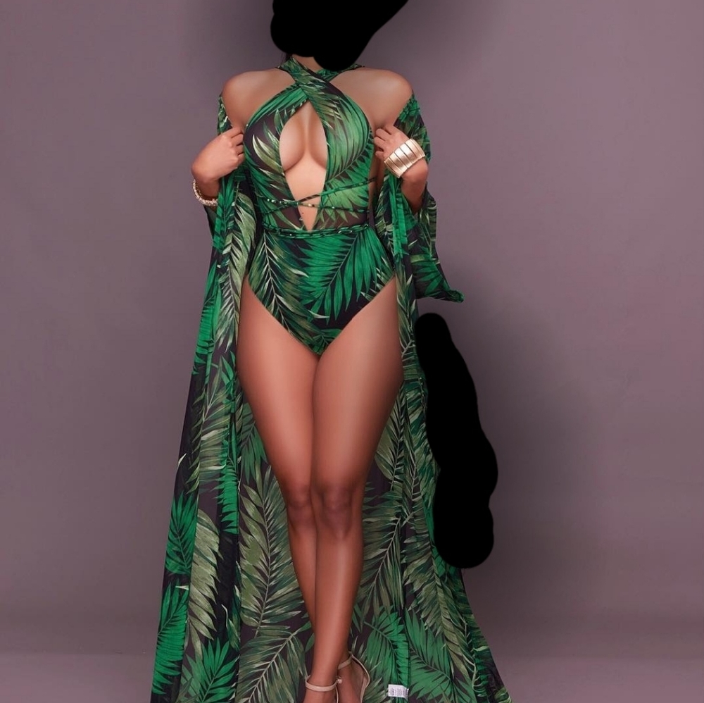 Green Leaf Print Mesh One-piece Swimsuit